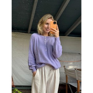 Women's Oversized Sweaters Batwing Long Sleeve Loose crew Neck Button Henley Tops Pullover Knit Jumper - 1 of 4