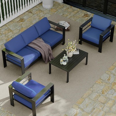 5 Seats Aluminum Patio Furniture Set, 4 PCS Outdoor Sectional Conversation Set with 4" Wide Armrest, Backyard Sectional Sofa Set