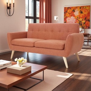 Fabric Mid-Century Modern Loveseat with Button-Tufted Waffle Stitch & Rubberwood Legs - 1 of 4