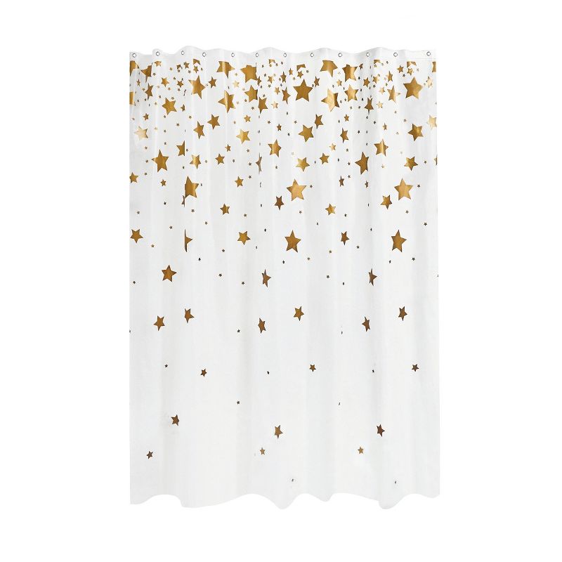 iDESIGN 72&#34;x72&#34; Falling Stars PEVA Bathroom Shower Curtain White/Gold, 1 of 8