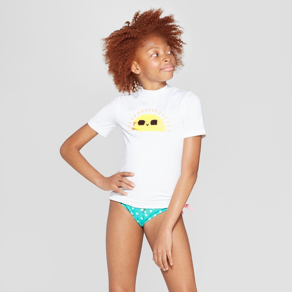 Girls Sunshine Flip Sequins Short Sleeve Rashguard Cat Jack White