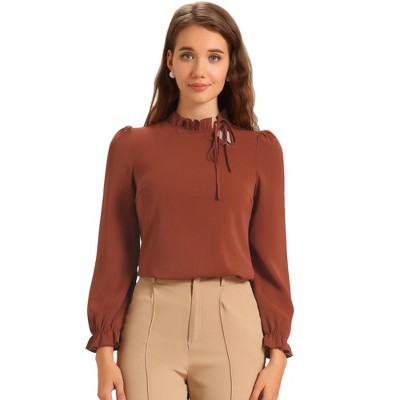 INSPIRE CHIC Women's Elegant Long Sleeve Ruffle Tie Neck Business Work Top