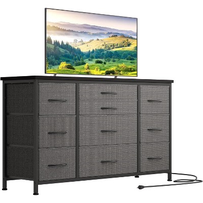 55'' Long TV Stand with Power Outlet Entertainment Center, Storage Fabric Drawer Unit for Bedroom, Wide Dresser with 10 Large Drawers