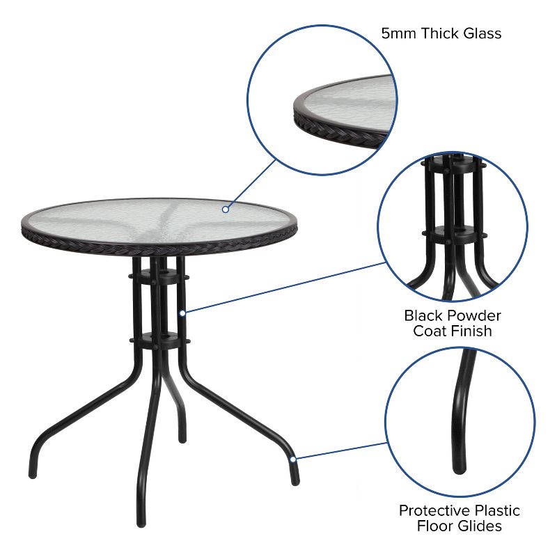 Emma and Oliver 28" Round Tempered Glass Metal Table with Rattan Edging, 3 of 8