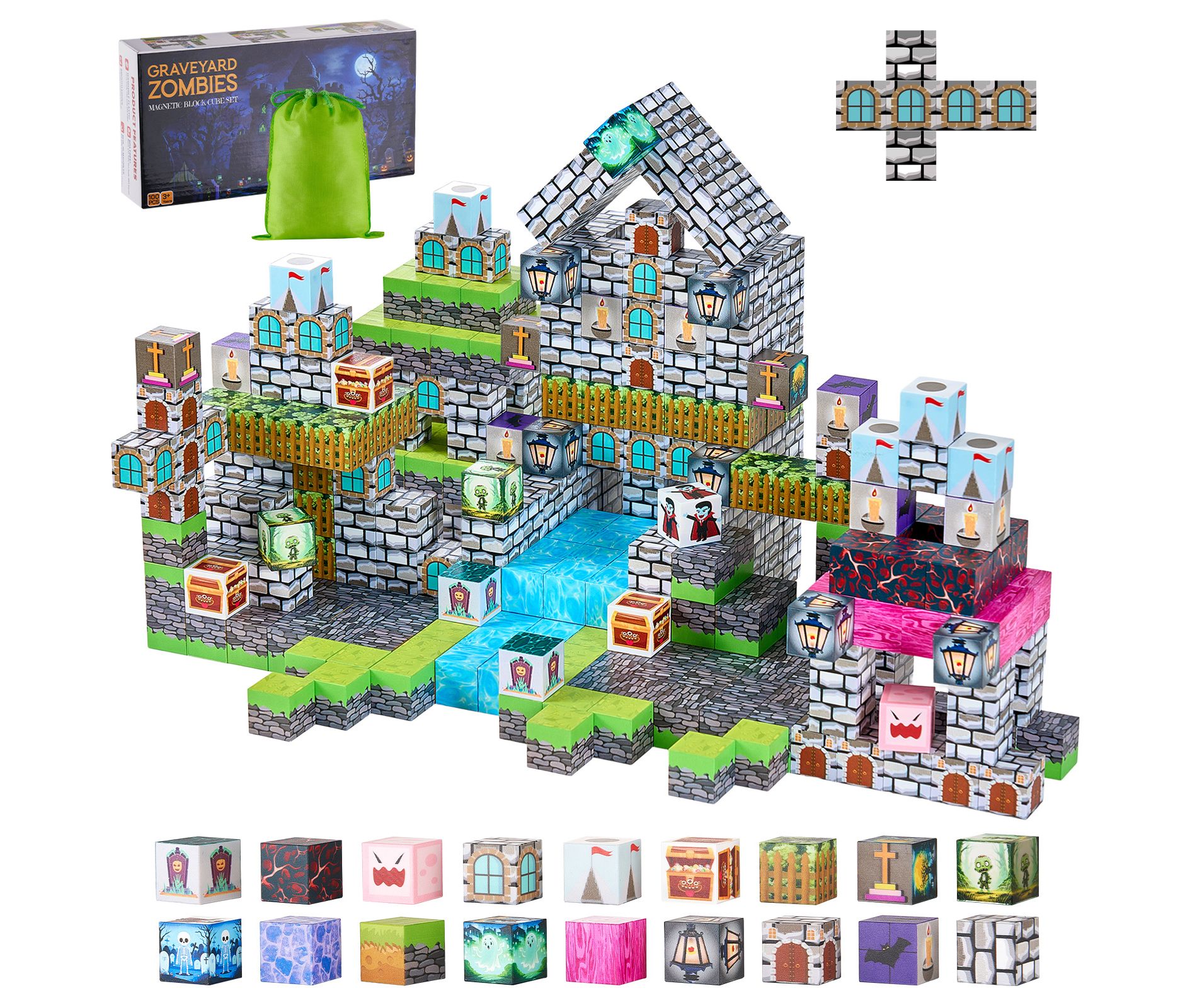 VEVOR Magnetic Blocks, 100 PCS Cemetery Zombies Set, Magnetic Building Cubes for Kids,STEM Montessori Sensory Toys for Christmas Birthday Gift, Gray
