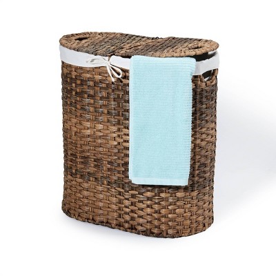 Mocha Brown Handwoven Wicker Double Laundry Hamper with Lid