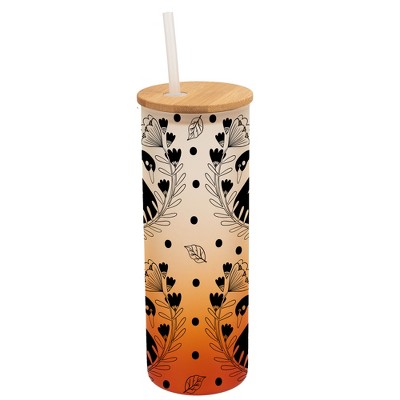 Elanze Designs Regal Swan Bird Flower Garden Wrap-Around Design 25 Ounce Frosted Gradient Glass On-The-Go Coffee Travel Skinny Tumbler Mug Cup, Bamboo