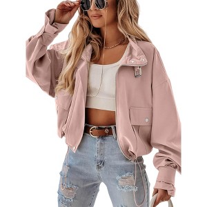 Imily Bela Womens Loose Fit Cropped Bomber Jacket Zip Up Long Sleeve Casual Outerwear with Pockets - 1 of 4