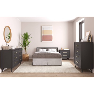 Ebony Pine Wood 2-Drawer Mid-Century Modern Nightstand