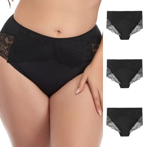 Agnes Orinda Women's 3-Pack Lace Trim High-Rise Solid Brief Stretchy Underwear - 1 of 4