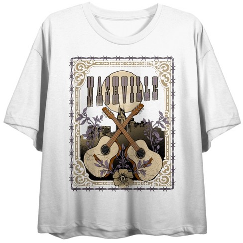 Vintage Country Nashville Guitars Crew Neck Short Sleeve Women's White Crop T-shirt - image 1 of 3