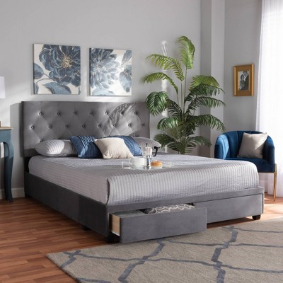Gray Velvet Upholstered Queen Platform Storage Bed with Tufted Headboard