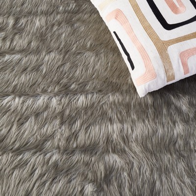 Luxurious Hand-Knotted Gray Faux Sheepskin Rectangular Rug