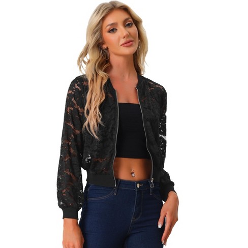 Allegra K Women s Stand Collar Zip Up Sheer mesh Lace Bomber Jacket Target