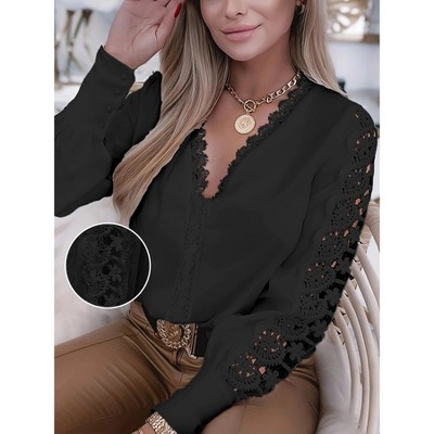 Women's Long Sleeve V Neck Lace Trim Blouse Elegan Casual Party Cocktail Shirt Tops