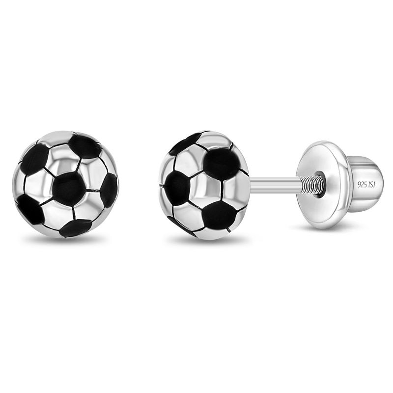 Girls' Enamel Soccer Ball Screw Back Sterling Silver Earrings - In Season Jewelry, 1 of 7