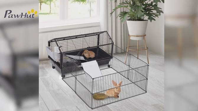 PawHut Small Animal Cage Bunny Playpen with Main House and Run for Rabbit, Guinea Pigs, Chinchilla for Indoor and Outdoor, 2 of 11, play video
