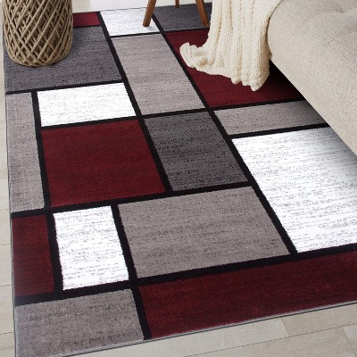 Red and Gray Geometric Low Pile Area Rug