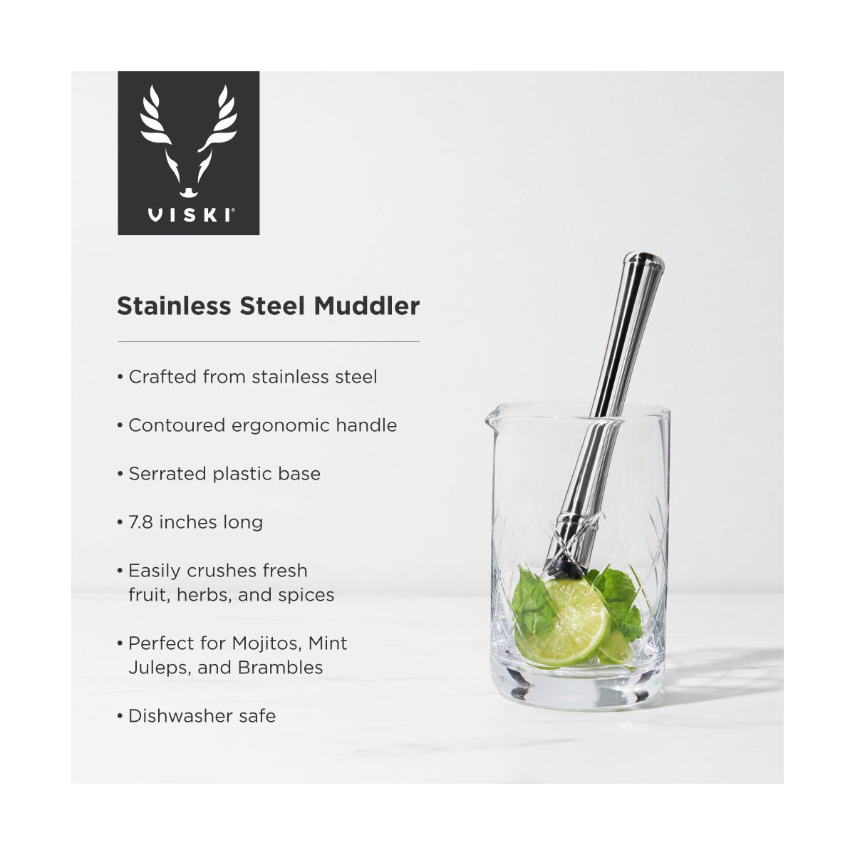 Viski Stainless Steel Cocktail Muddler for Mojito, Mint Julep, Fruits, Herbs and Spices, Ergonomic Handle, Home Bar, Bartender Tools, Gifts for Men - thumbnail 2