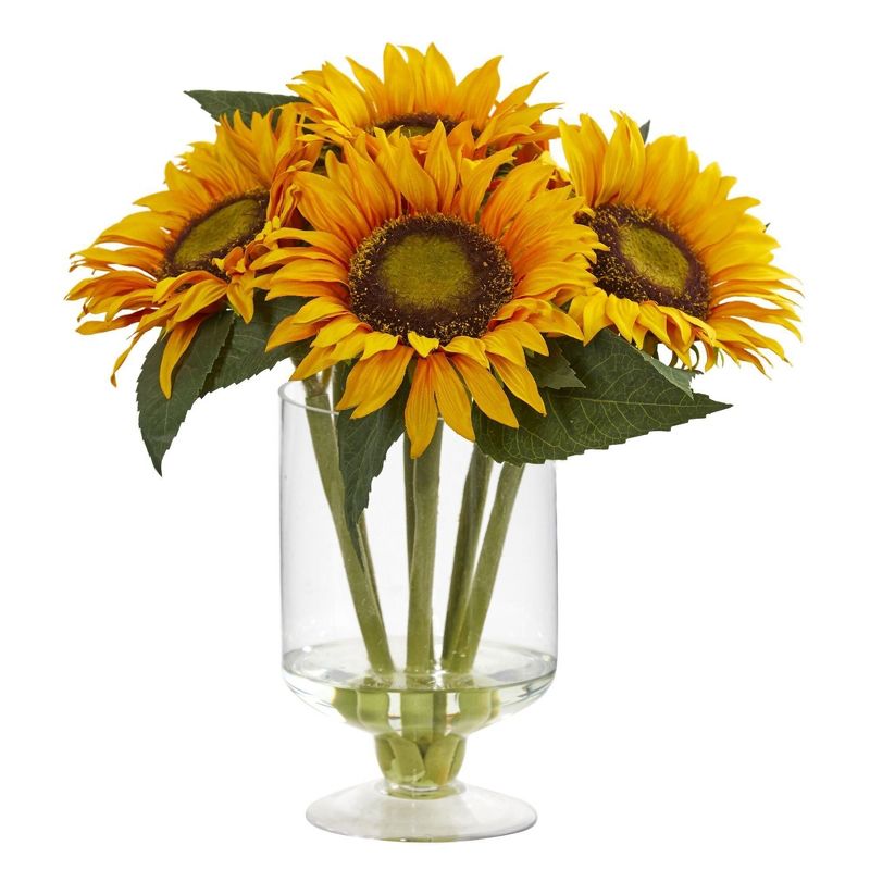 Nearly Natural 12-in Sunflower Artificial Arrangement in Glass Vase, 1 of 2