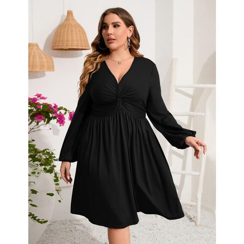 WhizMax Women's Plus Size Dress V Neck Long Sleeve Front Knotted Elastic Elegant Dress A Line Knee Length Midi Dress, 3 of 9