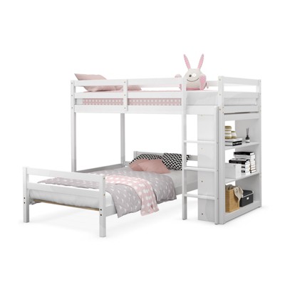 Infans Twin Over Twin Loft Bunk Bed Wood w/Bookcase Guardrail Ladder Kids Bedroom