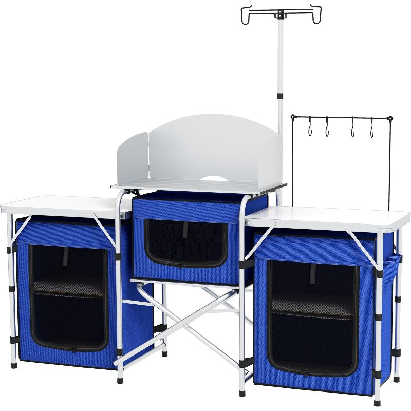 Outsunny Camping Kitchen Table, Portable Folding Camp Kitchen, Aluminum Cook Station with 3 Fabric Cupboards, Windshield, Carrying Bag, Blue, 4 of 7