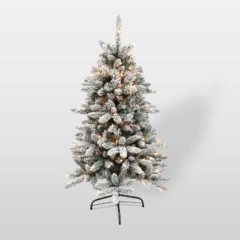 4.5ft Pre-Lit Flocked Bradford Fir Tree Artificial Christmas Tree - Puleo