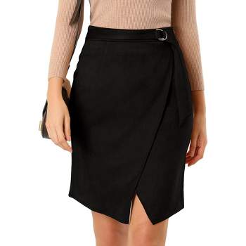 Allegra K Women's A-Line Knee Length Front Slit Wrap Faux Suede Skirt Black X-Small