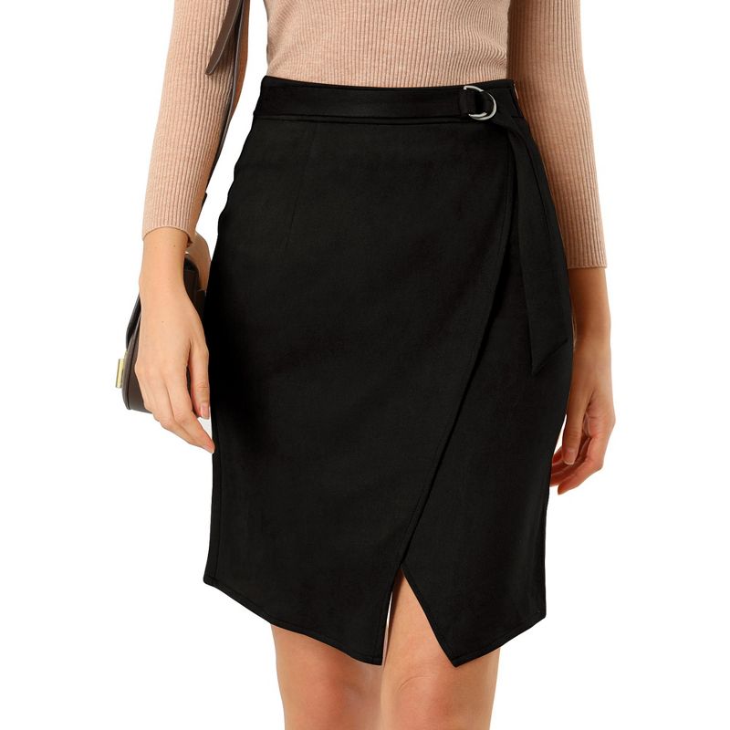 Allegra K Women's A-Line Knee Length Front Slit Wrap Faux Suede Skirt, 1 of 7