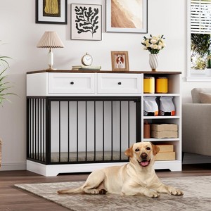 47in Large Dog Crate Furniture with 2 Drawers and 4 Shelves, Wooden Dog Kennel Indoor, Decorative Dog Cage with Storage for Large Dogs - 1 of 4