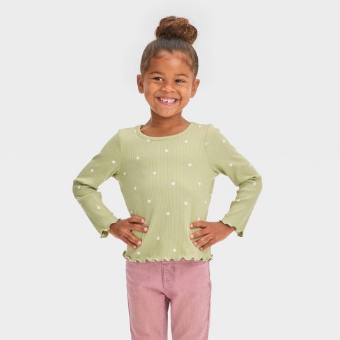 Toddler Girls' Dot Ribbed Long Sleeve T-shirt - Cat & Jack™ Olive Green 2t  : Target