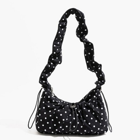 Женская сумка Alilang Polka Dot Cloud Shoulder Bag Ruched Drawstring Underarm Purse Sweet Ruffled Hobo Handbag - Black, цвет: Чёрный