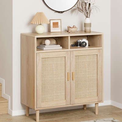 Sideboard Buffet Storage Cabinet, Rattan Kitchen Cabinet with 2 Doors/Shelf