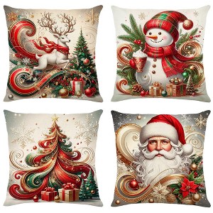 Christmas Throw Pillow Covers 18x18 Set of 4 Winter Holiday Decorative Pillowcase Reindeer Snowman - 1 of 4