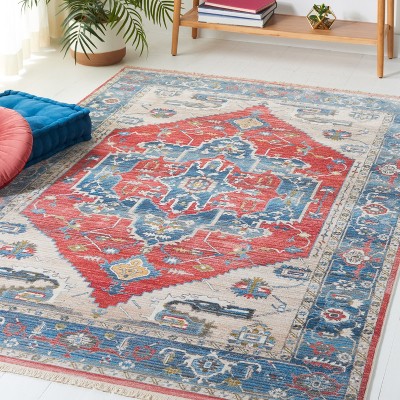 Vintage Red and Blue Rectangular Synthetic Area Rug