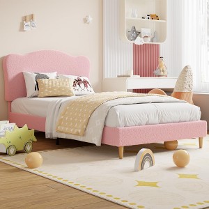 Bed with Scallop Headboard, Upholstered Bed Frame for Kids, Velvet Princess Platform Bed for Girls, Solid Wood Slats Support - 1 of 4