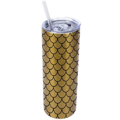Elanze Designs Vegas Gold 20 Ounce Double Wall Stainless Steel Glitter Travel Tumbler With Sliding Lid And Straw, Mermaid Scales