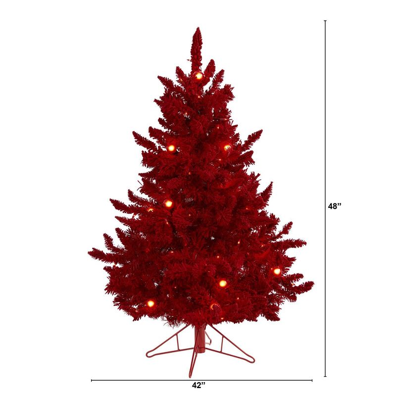 4ft Nearly Natural Pre-Lit Red Flocked Fraser Fir Artificial Christmas Tree Red Lights, 3 of 7