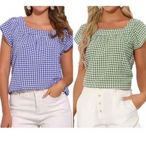 INSPIRE CHIC Women's Summer Square Neck Gingham Cap Sleeve Blouses 2 Packs - 1 of 4
