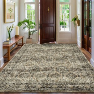Washable Area Rug Non Slip - Low Pile Vintage Faux Wool Soft Rug, Machine Washable Foldable Distressed Floral Accent Carpet for Living Room - 1 of 4