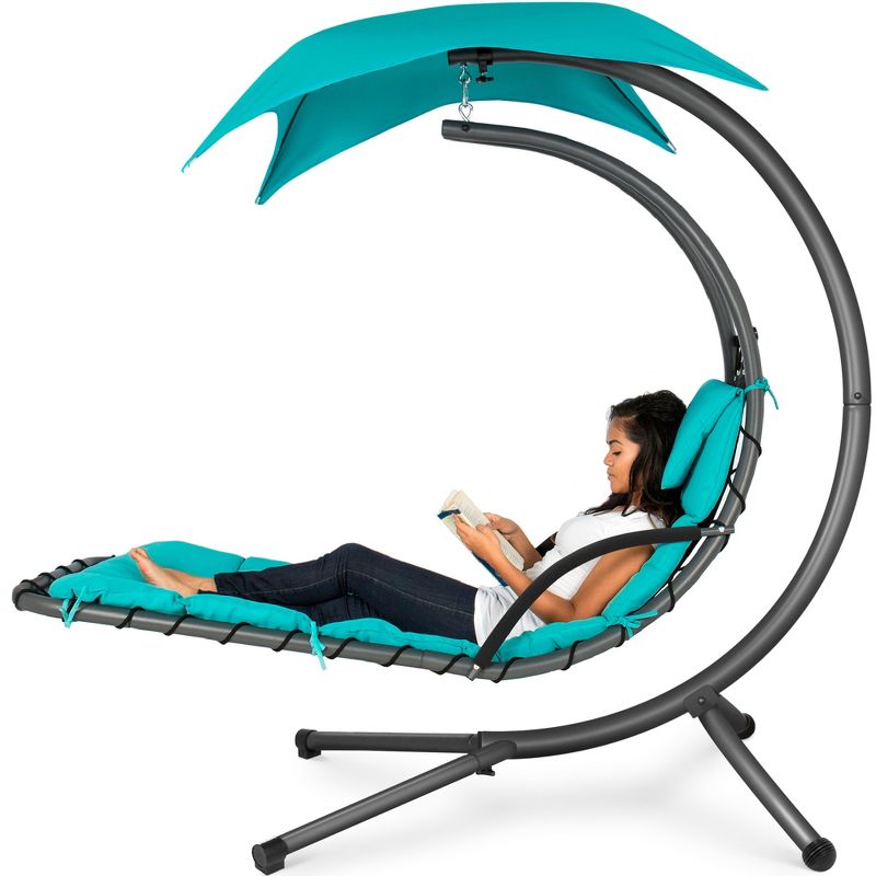 Best Choice Products Hanging Curved Chaise Lounge Chair Swing for Backyard, Patio w/ Pillow, Shade, Stand, 1 of 13