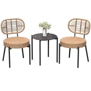 3 Pieces Patio Set Outdoor Wicker Bistro Set All-Weather Rattan Deck Conversation Set of 3 with Table & Cushions for Deck Patio Balcony Backyard - 1 of 4