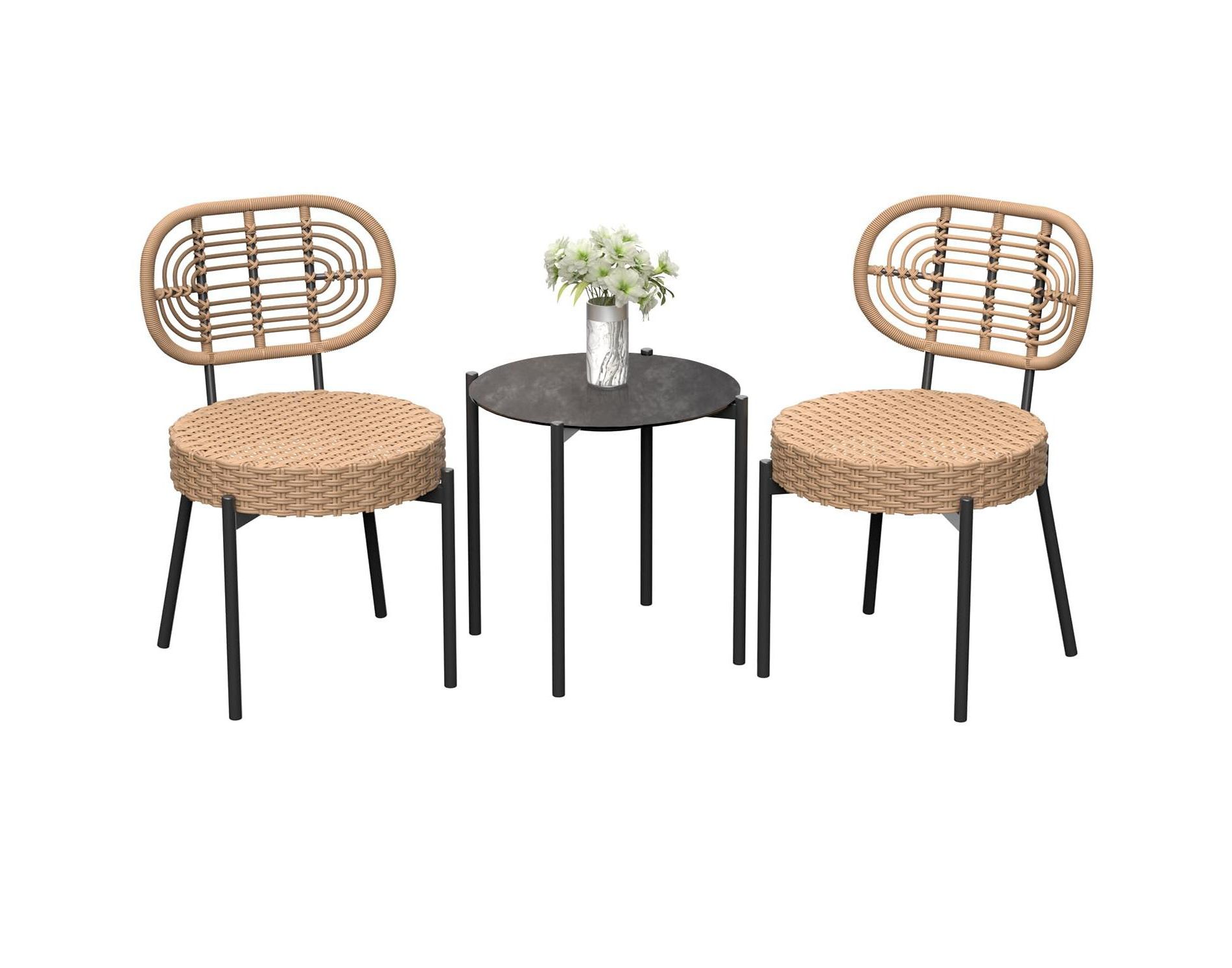 3-Piece Outdoor Patio Bistro Set – Wicker Rattan Furniture with Cushioned Chairs & Glass Coffee Table, Compact Set for Balcony, Garden, Backyard