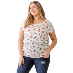 Slickblue Elegant Ivory/Pink Floral Print Ruched Top – Plus Size, Cup Sleeves, Casual & Charming, 1X-3X - 1 of 4