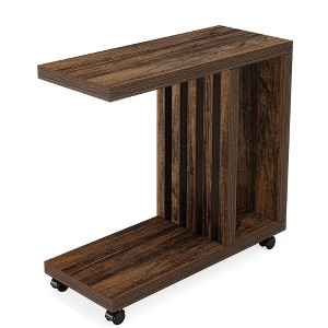 Resenkos Sofa Side End Table, End Table, Couch Table,2-Tier End Table, C-Shaped Wood Side Table with Lockable Wheels,Brown - 1 of 4