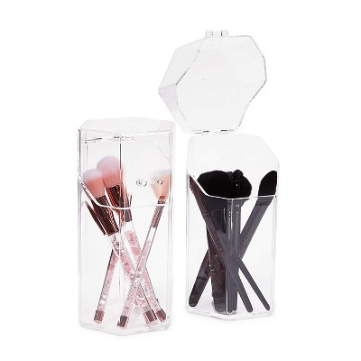 Glamlily 2 Pack Clear Acrylic Makeup Brush Holder with Lid, Cosmetic Organizer (4.3 x 3.9 x 8 in)