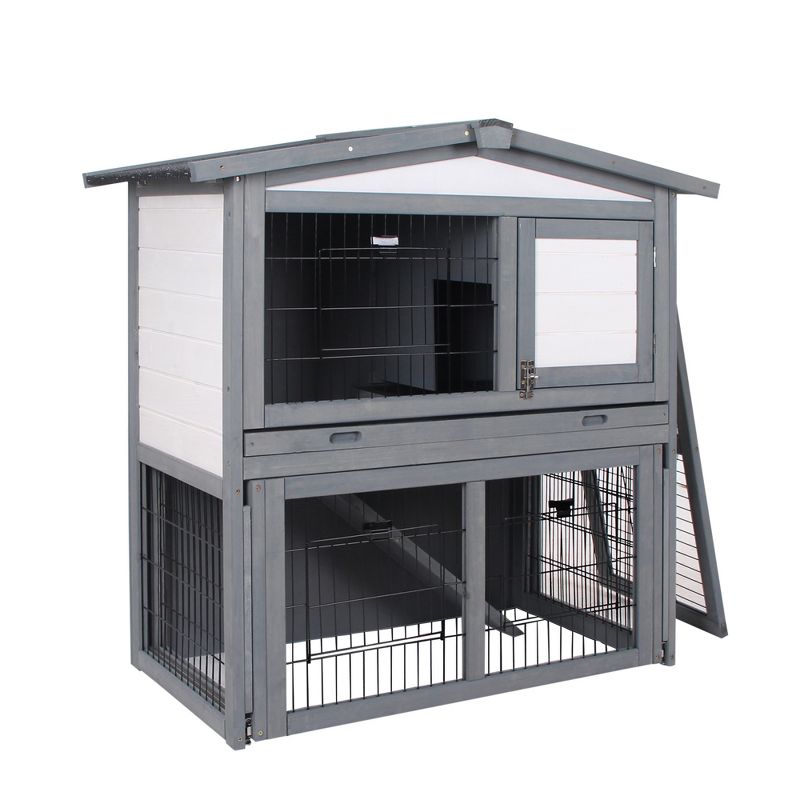 PawHut Wooden 2 Story Rabbit Hutch Bunny Hutch with Slide-Out Run, Openable Roof, Lockable Doors, Ramp and No Leak Tray for Outdoor, gray, and White, 4 of 7