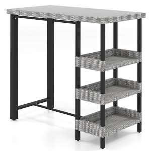 Costway 43.5" Outdoor Bar Table with Tempered Glass Top & 3 Rattan Shelves Storage - 1 of 4