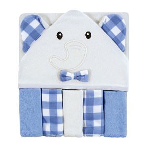 Hudson Baby Infant Boy Hooded Towel and Five Washcloths Set, Gingham Elephants, One Size - 1 of 2